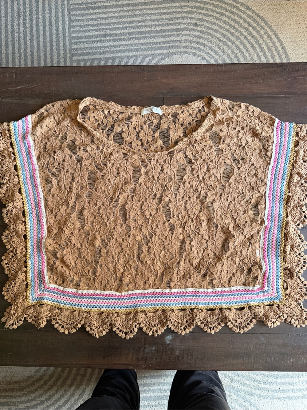 MC Sister Crochet Lace Poncho Top in Tan with Multicolor Trim